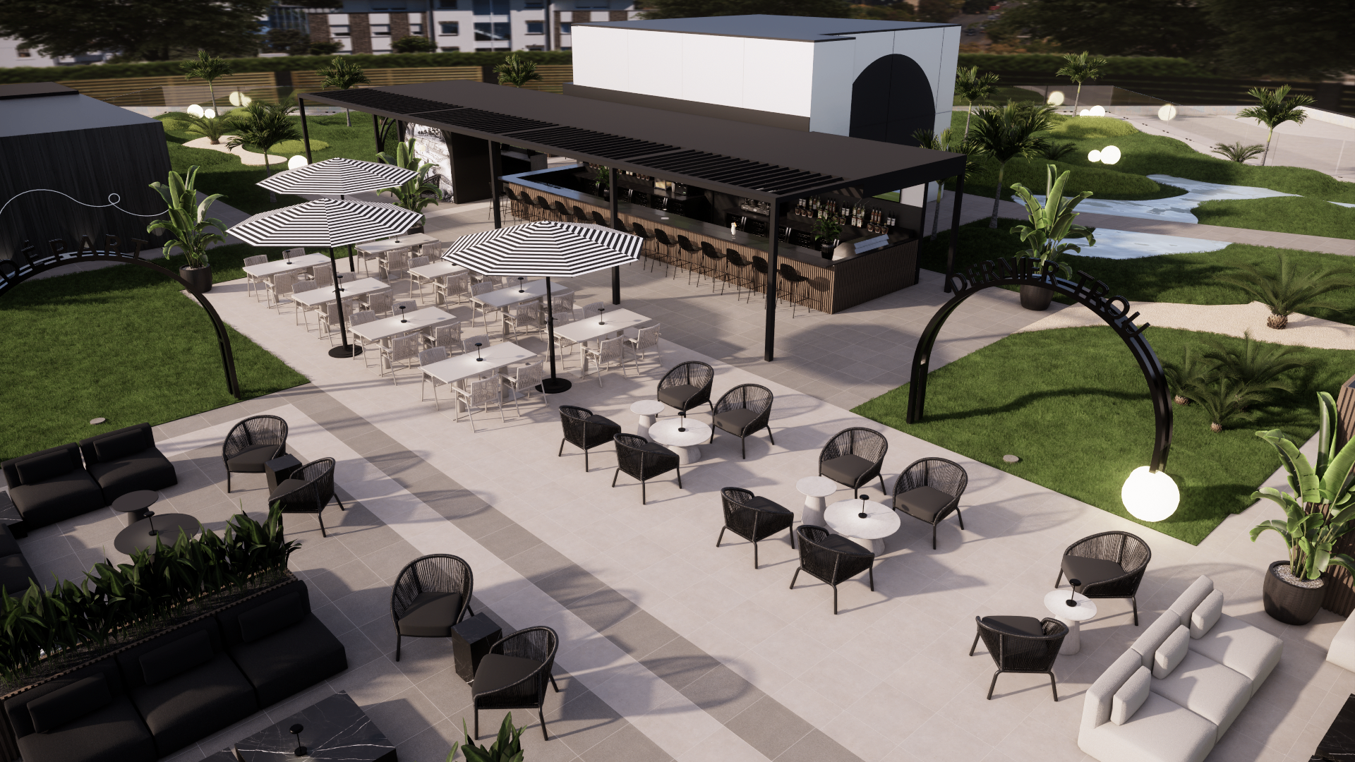 Vue aérienne du rooftop Au 19e avec parcours et terrasse