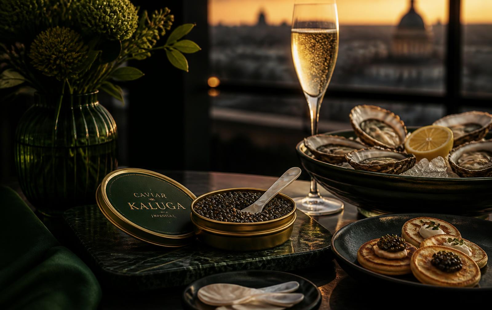 Caviar Kaviari, huîtres et coupe de champagne au coucher du soleil sur la terrasse Au 19e